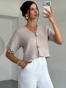 Firerie Minimalist French Elegant Fashionable Office High Tea Cafe Commute Deep V-Neck Lace Patchwork Short Sleeve Slim Fit Buttoned Beige Autumn - Khaki - View 6