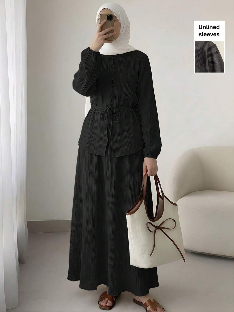 Solavon Women's Solid Color Long Sleeve Tie Decor Shirt And Skirt Two Pieces Set Tea Party Black Autumn Elegant Modest - Black - View 1