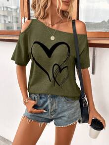 SHEIN Clasi Plus Size Heart Print Asymmetric Neckline T-Shirt Trail Ride Office Olive Green Summer Elegant Business Casual - Army Green - View 5