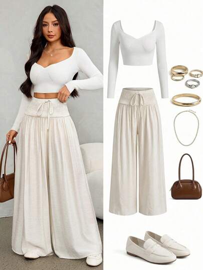 SHEIN PETITE Women's Solid Color Wide Leg Long Pants With Waist Tie Design