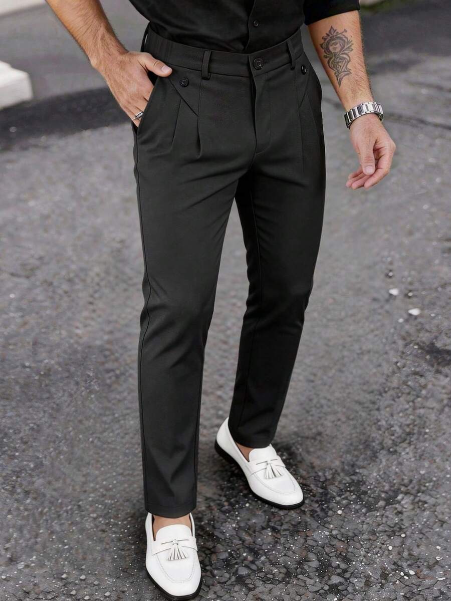Manfinity Mode 男士黑色西裝長褲,百褶設計,高端時尚商務休閒百搭長褲 - 黑色 - 查看 1