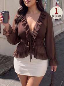 Vionelle Plus Size Women's Summer Autumn New Versatile Ruffle Tie Chiffon Long Sleeve Blouse, Semi-Sheer Ruched Waist Top, Suitable For Elegant Outfits, Versatile, Streetwear, Commuting, Dating - Brown - View 1
