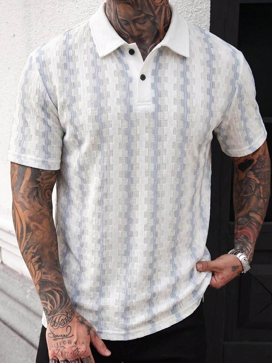 Manfinity Homme 男士拼色翻領短袖 Polo 衫,復古幾何提花休閒上衣 - 彩色 - 查看 1