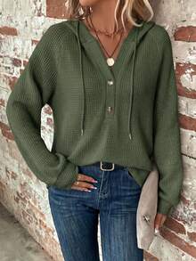 SHEIN Clasi Sudadera con capucha de talla grande para mujer, color liso, manga raglán larga, media abertura con botones y cordón - Verde militar - Ver 1