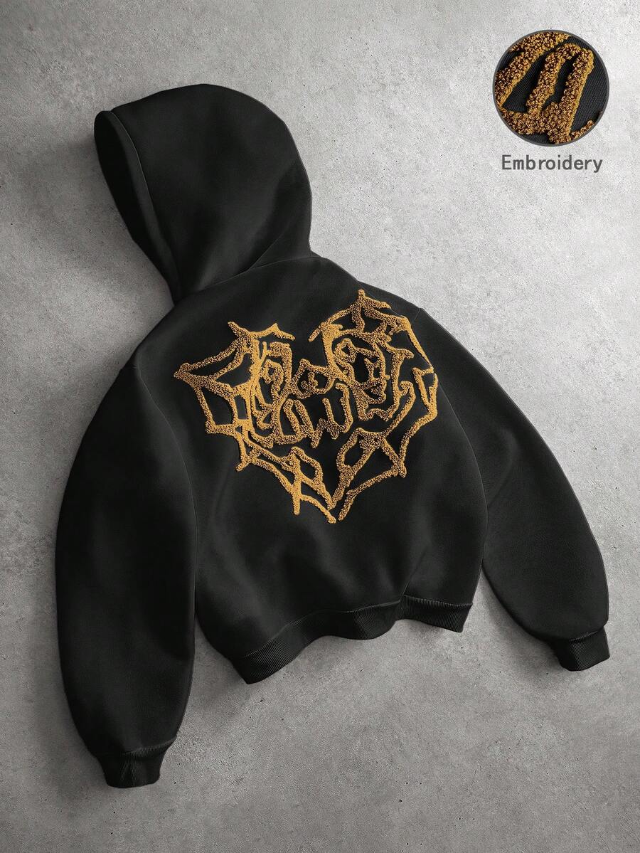 PAVTROS 男士街頭風熱銷蜘蛛網愛心 3D 刺繡 LOVE 3D 刺繡 粉色連帽衛衣,適合戶外音樂節、日常穿著、朋友聚會,送給男友或丈夫的週年禮物 - 黑色 - 查看 1
