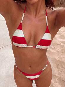 Swim Vcay Bộ đồ bơi bikini siêu nhỏ sọc đỏ trắng gợi cảm và quần lọt khe, đồ bơi - Đỏ và trắng - Xem 3