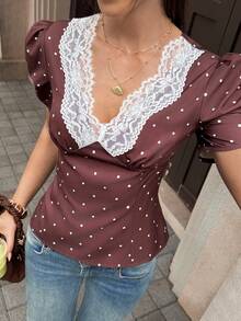 Elyressa Large-Size Lady's Woven Business Casual French Polka Dot Elegant Summer Blouse High Tea Date Brown And White - Coffee Brown - View 4
