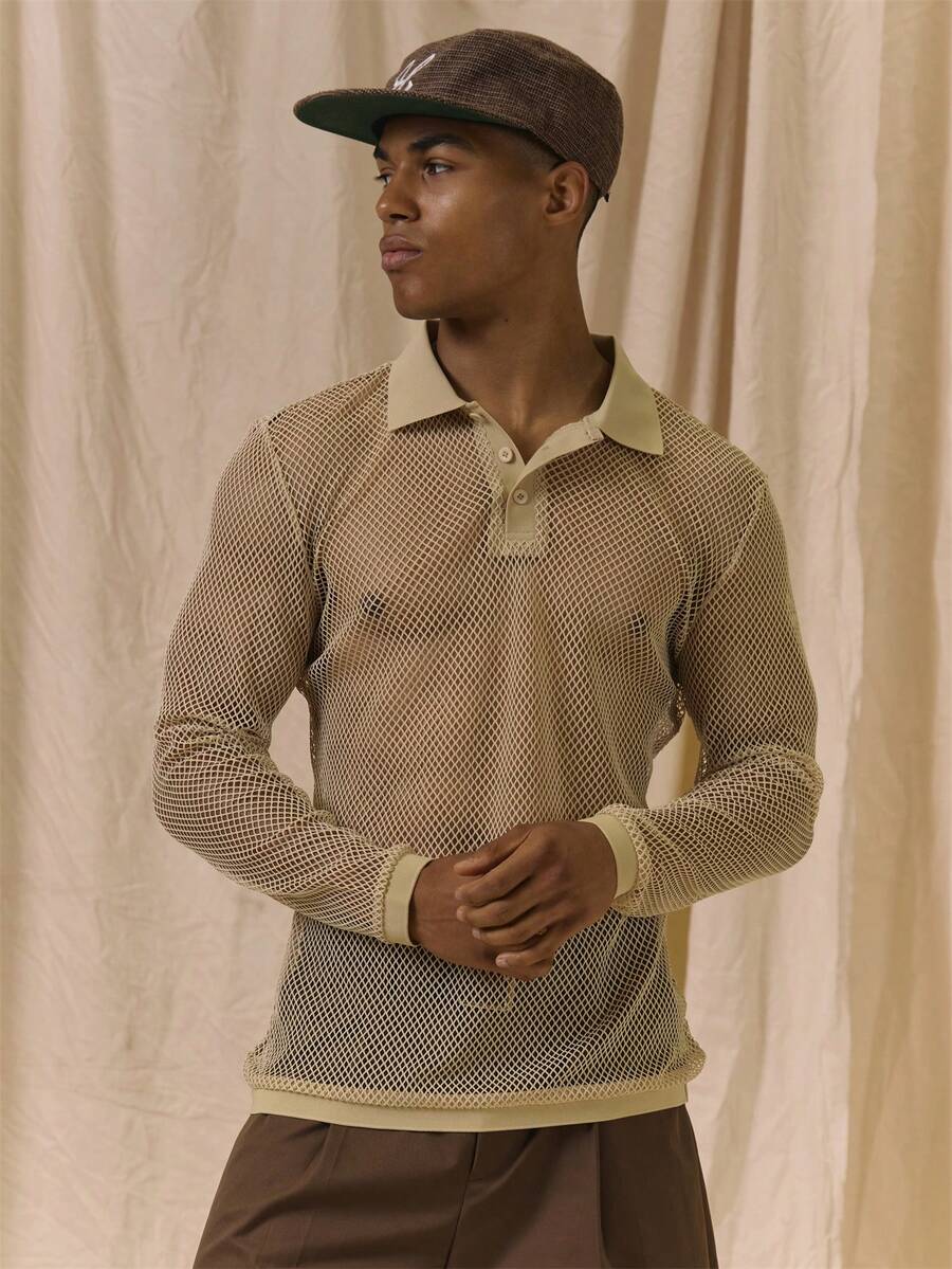 Musero Polo de malla de red con cuello y detalles de botones, esencial para primavera y verano - Amarillo - Ver 1