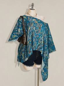 SHEIN ICON 女款 Y2K 復古佩斯利印花大尺碼罩衫上衣 - 藍色 - 查看 7
