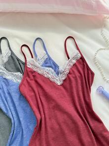 Lullawish Women's Blended Colorful Yarn Comfortable Knit Lace Camisole Sleepwear Top 3pcs/Set - Multicolor - View 3