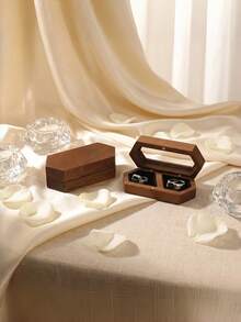 1 Pack Double Compartment Black Walnut Wood Vintage Shaped Ring Box With Clear Viewing Window Soft Velvet Lining Secure Magnetic Closure For Wedding Band Storage Engagement Proposal Anniversary Valentine Gift - Multicolor - View 8