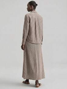 Ontre 2026 Women's 2-Piece Set Brown Stripe Autumn Effortless Chic Casual Elegant Holiday Vacation Long Sleeve Shirt Asymmetric Wrap Skirt Loose Fit Button - Coffee Brown - View 2