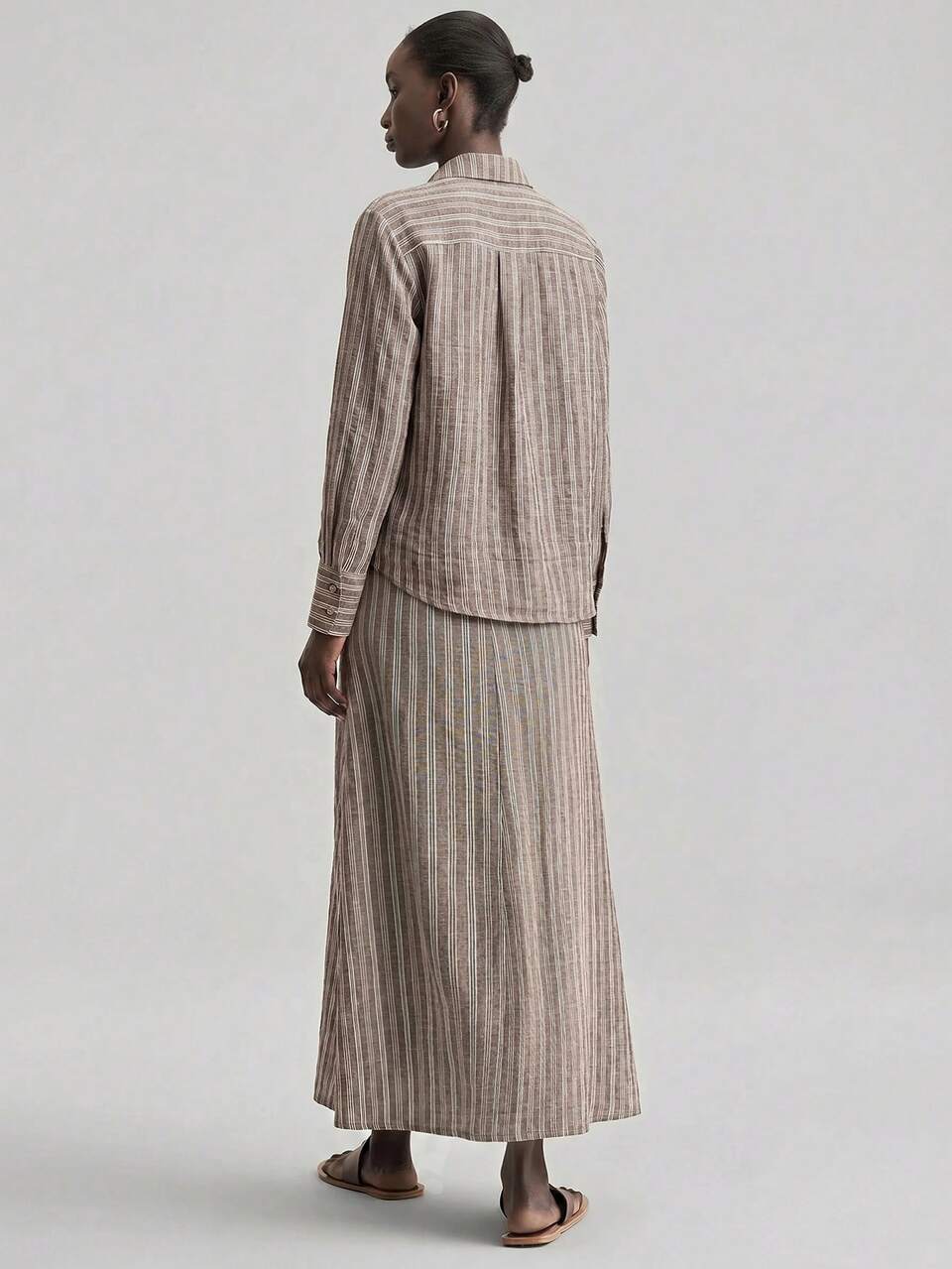 2026 Women's 2-Piece Set Brown Stripe Autumn Effortless Chic Casual Elegant Holiday Vacation Long Sleeve Shirt Asymmetric Wrap Skirt Loose Fit Button