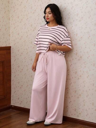 CovetEZ New Pink Striped Colorblock T-Shirt And Drawstring Long Pants Casual Loungewear Plus Size 2 Pieces Set Formal Office Summer
