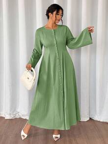 Firerie Vestido para mujer de talla grande, primavera/otoño, nuevo, minimalista, elegante, casual para ir a la oficina, viajes y vacaciones, con manga larga, botones delanteros, bajo acampanado pequeño, cintura ceñida, corte A, estilo vintage, romántico, bohemio y profesional - Verde - Ver 8