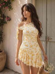 SHEIN MOD Robe mini d'été élégante asymétrique pour femmes avec imprimé floral discret - Jaune citron - Voir 3
