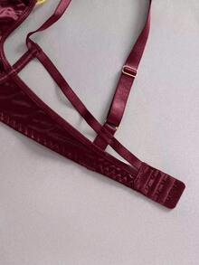 EmpressEnvy Women's Burgundy Shiny Elastic Satin Underwire Fashion Bra With Decorative Strap, Round Buckle, Triangle Cup Hook & Eye Closure, High Waist Thong 2pcs Set - Burgundy - View 3