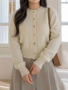 Dazy Plus Solid Color Casual Round Neck Elegant Versatile Cardigan Knit Sweater Autumn/Winter - Apricot - View 1