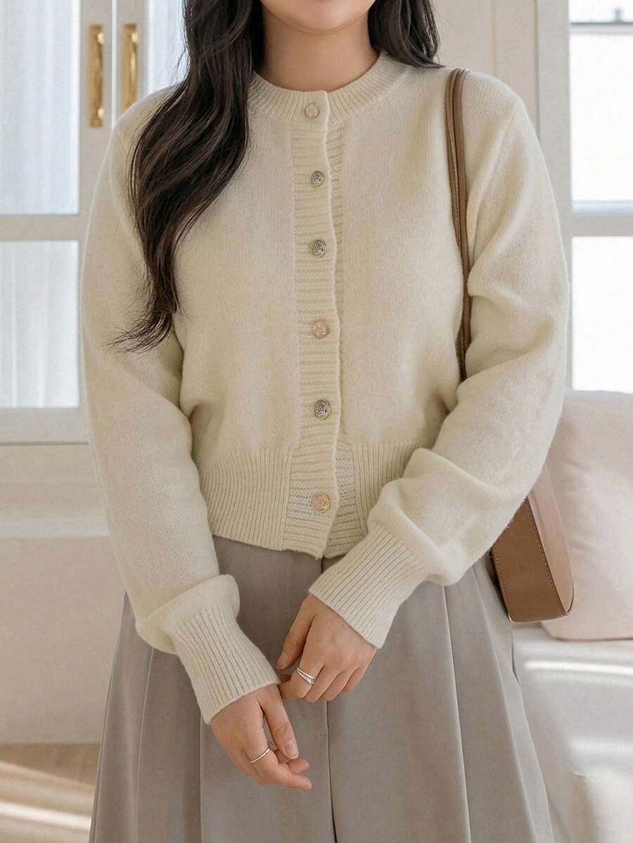 Dazy Plus Solid Color Casual Round Neck Elegant Versatile Cardigan Knit Sweater Autumn/Winter - Apricot - View 1