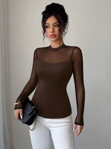 Elenzga Women's Autumn/Winter Elegant Solid Color Stretch Slim Fit Sheer Patchwork Long Sleeve Top - Brown - View 3