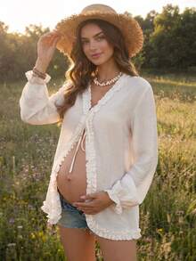 Boho Mama Comfortable Pure Maternity Shirt With Ruffle Trim And Front Tie – Autumn Fall - Apricot - View 4