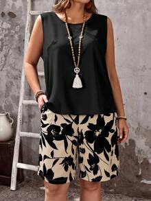 EMERY ROSE Minimalist Floral Shorts & Black Tank Top 2 Pieces Set Plus Size - Multicolor - View 3