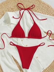 Bonvoyette 2026 Spring/Summer Women's Vacation Special Fabric Spaghetti Strap Halter Neck Red Sexy Thong Bikini Two Pieces Swimwear - Red - View 6