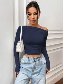SHEIN Unity 純色不對稱領口＆百褶設計修身短袖t卹 - 藏蓝色 - 查看 1