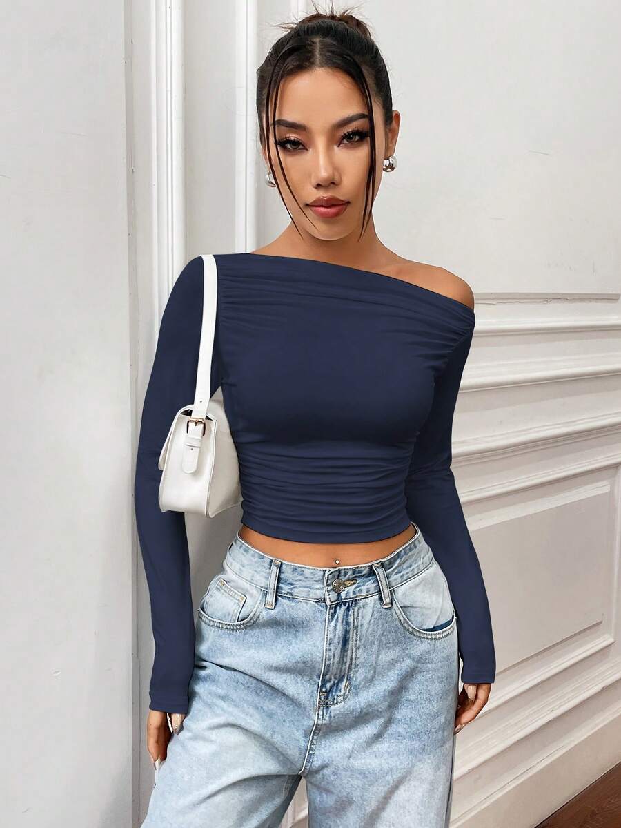 SHEIN Unity 純色不對稱領口&百褶設計修身短袖t卹 - 藏蓝色 - 查看 1