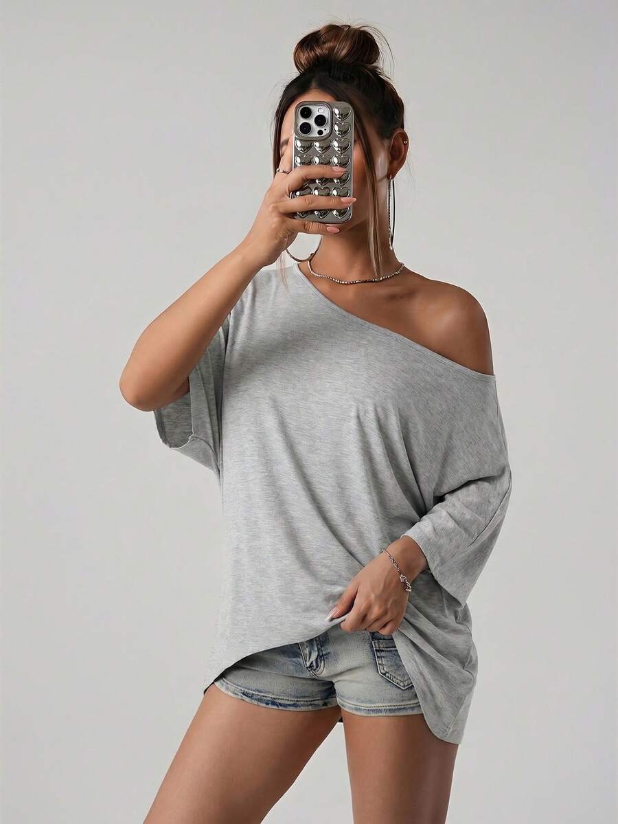 SHEIN ICON 美式街頭休閒風不對稱領寬鬆版型純黑色T恤 - 灰色 - 查看 1