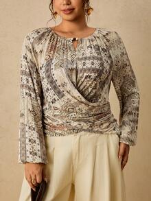 Travachic Plus Size Bohemian Boho Geometric Print Shirt With Wooden Bead Decor + Fitted Cut Vintage Vacation Style Summer Versatile Sleeveless Top Blouse Beige - Multicolor - View 6