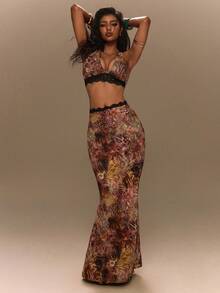 TypaGal Summer Festival Y2K Tropical Holiday Ibiza Sexy Going Out Vacation Night Out Club Carnival Party Beach Leopard Floral Print Halter Set Brown - Multicolor - View 3