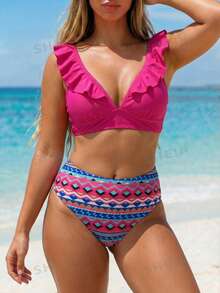 Swim Lushoire Plus Size Women Summer Vacation Ruffle Trim Tankini Top And Printed Triangle Bottoms 2 Pieces Swimwear - Hot Pink - View 5