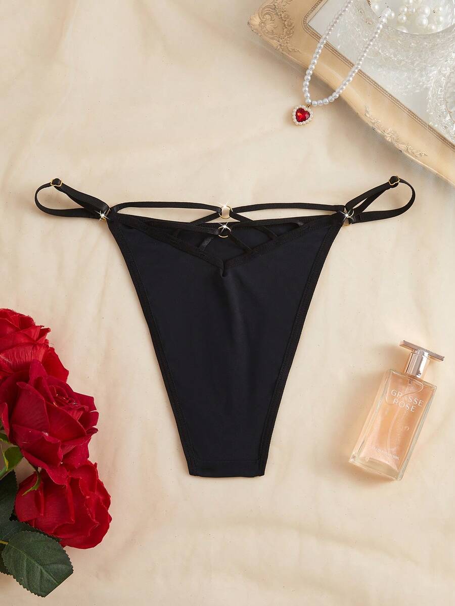 SHEIN 1件女款舒適極簡金屬扣時尚三角內褲,女性內衣,蜜月、性感、約會之夜內衣 - 黑色 - 查看 1