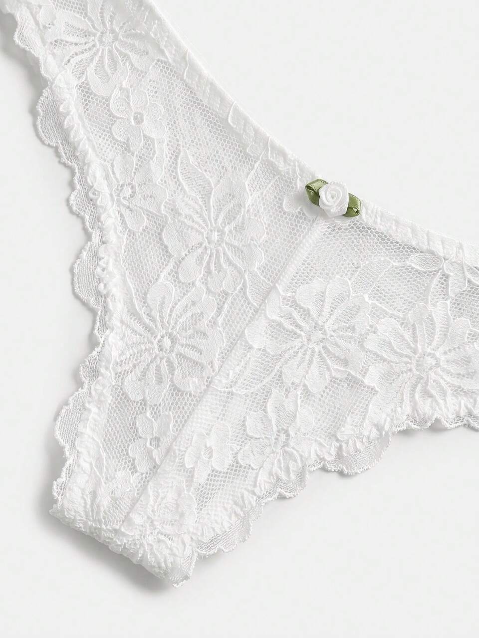 White Floral Lace Lingerie Set With Triangle Bra And Matching Brief With Flower Trim Detail Romantic