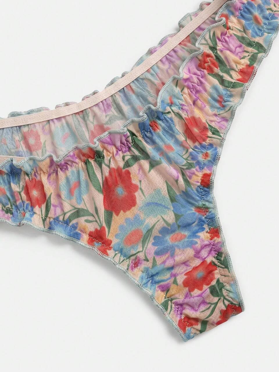 Vintage Blumen-Wäscheset mit Balconette-BH und passender geraffter Slip Vintage Wäscheset｜lacRébo
