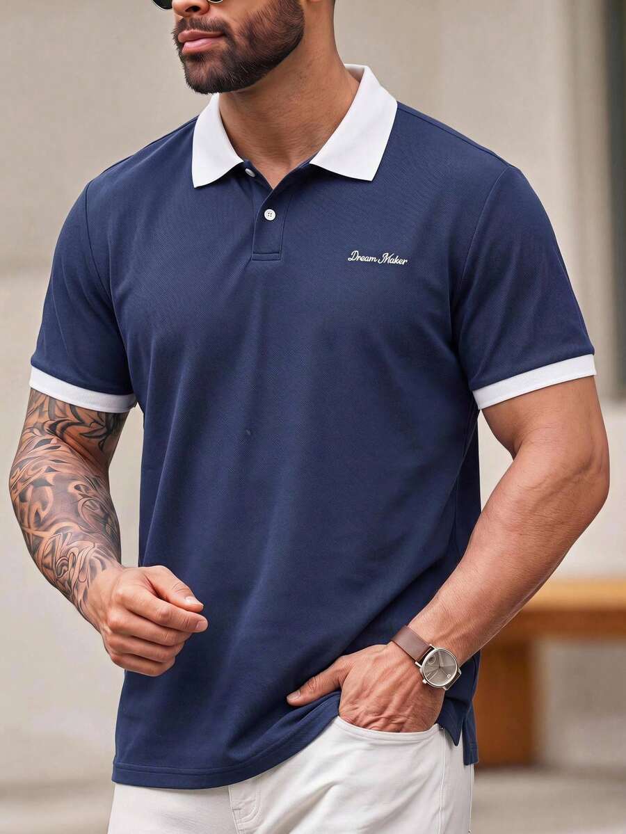 EASEVO Men's Plus Size Summer Casual Colorblock Patchwork POLO Shirt Golf Navy Blue And White - Navy Blue - View 1