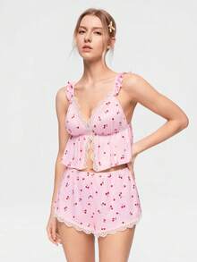 Bonmuse 2pcs/Set Women's Pink Cherry Print Lace Patchwork Pajama Top And Pants Loungewear Set - Pink - View 6