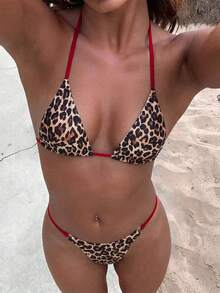 SHEIN Swim 2026春夏新款性感豹纹比基尼套装，挂脖系带两件式泳衣，红色吊带比基尼，两件式比基尼，动物纹比基尼，三角比基尼 - 彩色 - View 1