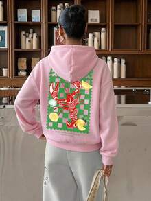 SHEIN EZwear 寬鬆長袖抽繩加厚女款運動衫，街頭風，適合日常通勤、約會、聚會，秋冬/夏季，聖誕節、新年、感恩節、派對、婚禮、海灘、畢業，優雅休閒外出穿搭 - 淺粉色 - 查看 5