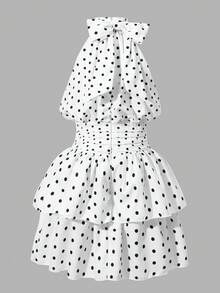 SHEIN 青少年女孩白色黑波點掛脖連身洋裝，內建短褲，後背蝴蝶結設計，抓皺腰部配側邊荷葉邊飾，雙層裙襬，無袖露肩度假風洋裝 - 黑與白 - 查看 4