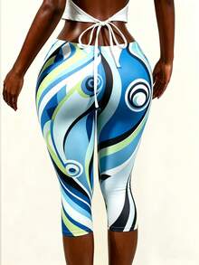 Mistrie Pantalones cortos de mujer para uso diario casual, de verano, deportivos, con estampado geométrico multicolor, cintura baja elástica, control de abdomen, levantamiento de glúteos y efecto adelgazante - Multicolor - Ver 4