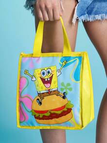SpongeBob SquarePants | SHEIN 卡通黃色方塊角色保溫午餐袋，輕量可重複使用漢堡印花保冷手提袋 - 黃藍色 - 查看 3