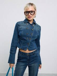 COUREZ 雙排扣軍裝拿破崙鼓手夾克 藍色丹寧水洗 /Y2K 外出穿搭 秋季女款牛仔夾克 - 深色水洗藍 - 查看 6