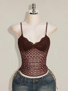 SHEIN ICON 女款性感波點印花蕾絲拼接細肩帶背心 - 棕色 - 查看 4
