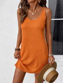 EMERY ROSE Women's Solid Color Round Neck Casual Daily Mini Dress - Orange - View 4