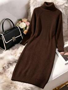 Aalyst Casual Daily Solid High Neck Loose Raglan Sleeve Sweater Dress, Autumn/Winter Fall Cloth For Women - Brown - View 3