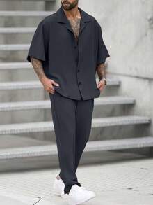 Manfinity Homme Men's Plus Size Solid Color Cuban Collar Shirt + Drawstring Elastic Waist Long Pants Set, Men's Casual Set - Dark Grey - View 1