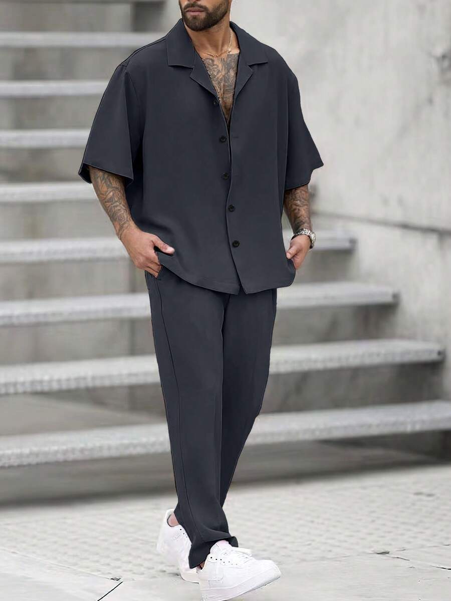 Manfinity Homme Men's Plus Size Solid Color Cuban Collar Shirt + Drawstring Elastic Waist Long Pants Set, Men's Casual Set - Dark Grey - View 1