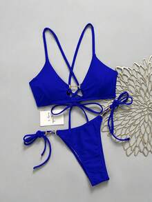 Swim Vcay 女款夏季海灘純色金屬裝飾連繫性感比基尼三角褲兩件式泳衣套裝 - 寶藍色 - 查看 3